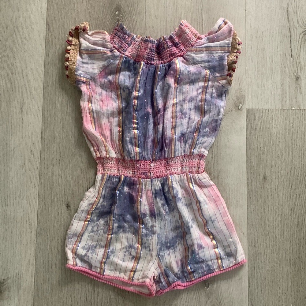 Egg New York Girls‎ Tie Dye Metallic Stripe Smocked Romper Pink Purple 8Y